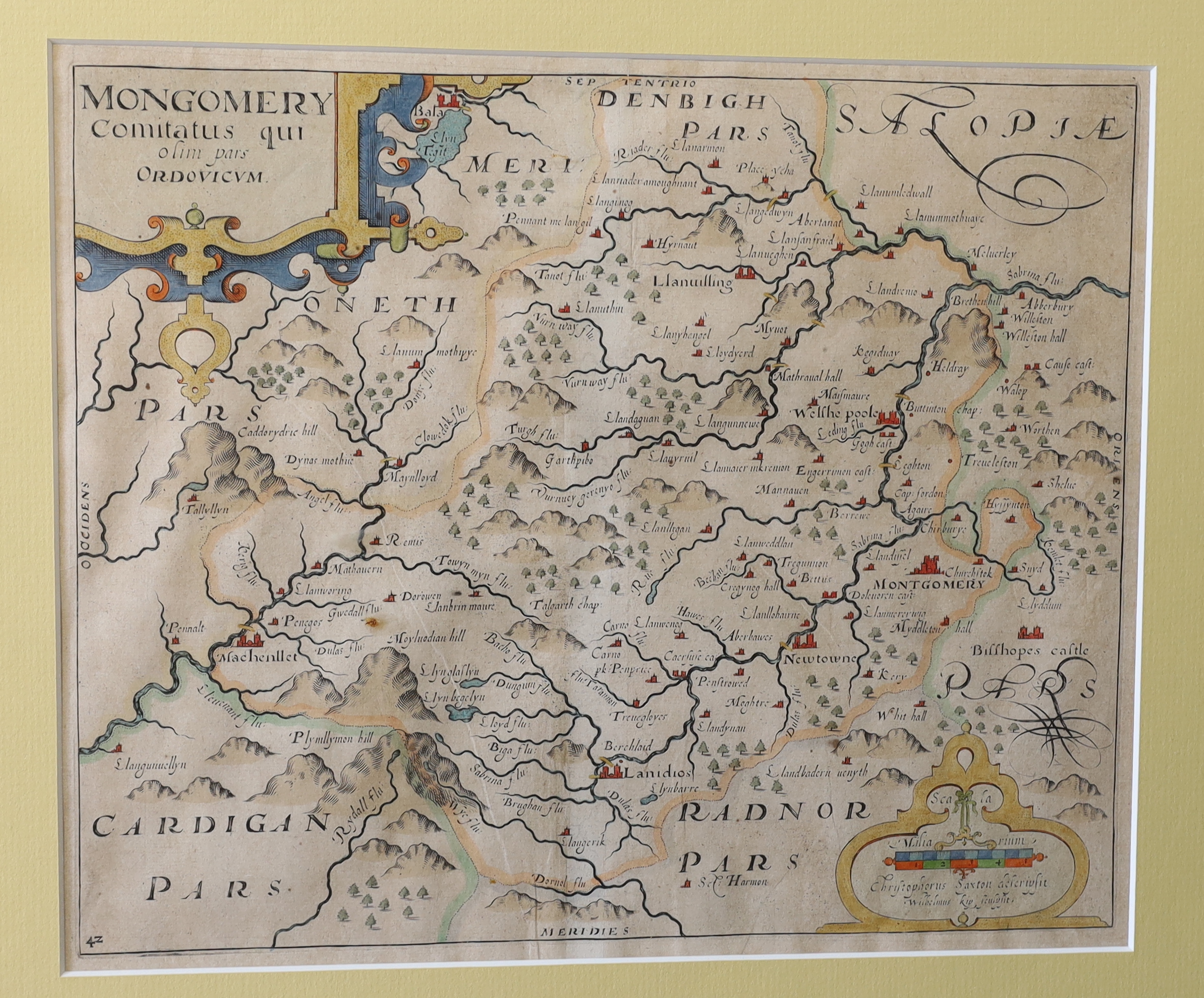 Attributed to Frances Dodd (1874-1949), pencil drawing, Portrait of an old woman, inscribed Vicagi, 26 x 25cm, and Christopher Saxton/William Kip, hand-coloured engraving, Map of Mongomery (sic), 28 x 33 cm